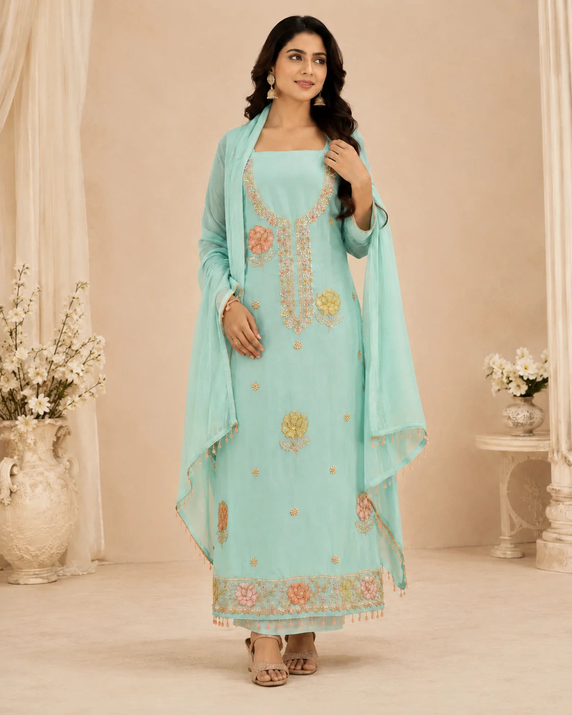 Aqua Allure Premium Silk Suit Set with Half Pure Dupatta