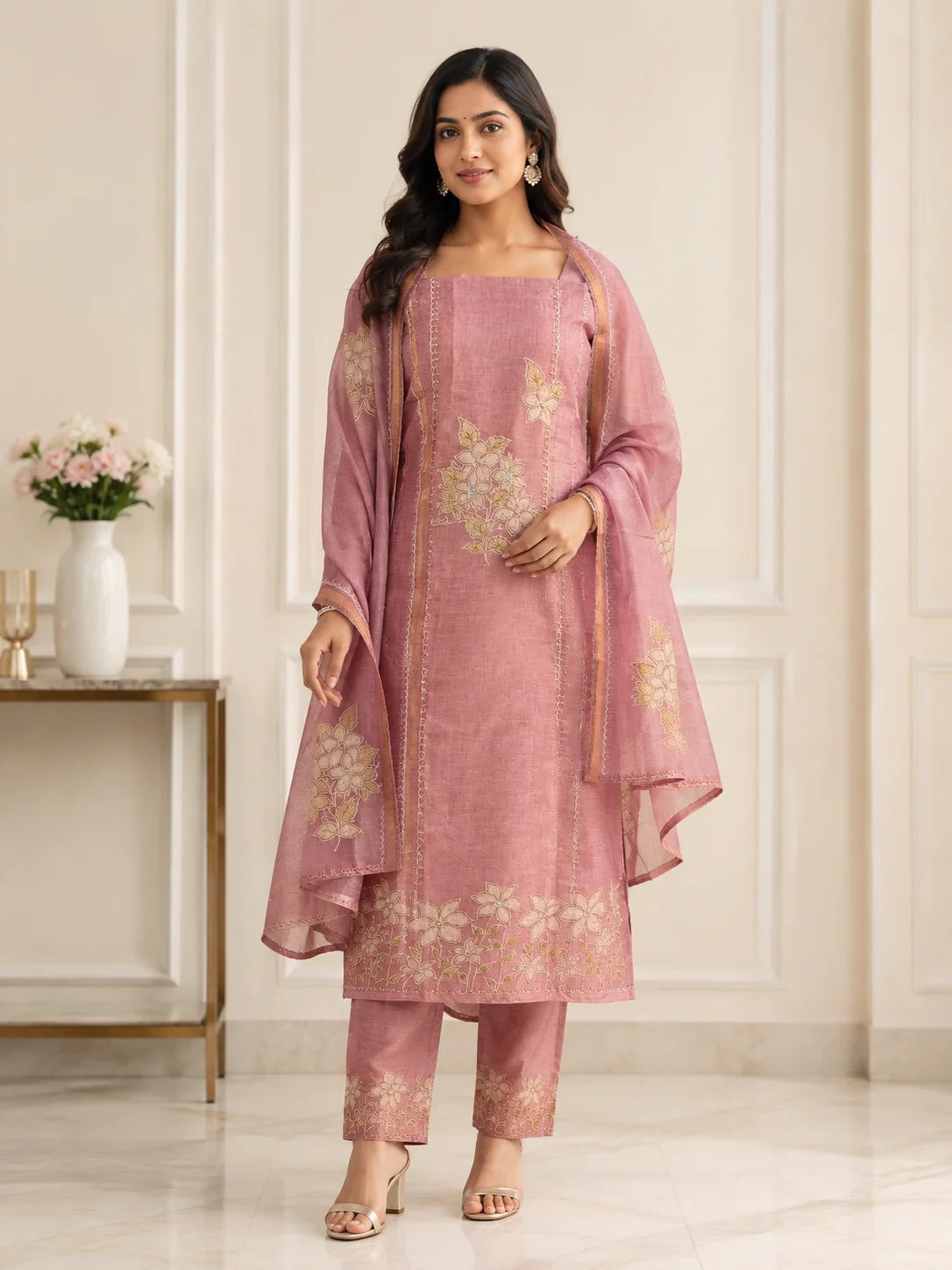Blush Bloom Khadi Cotton Suit Set with Matching Dupatta