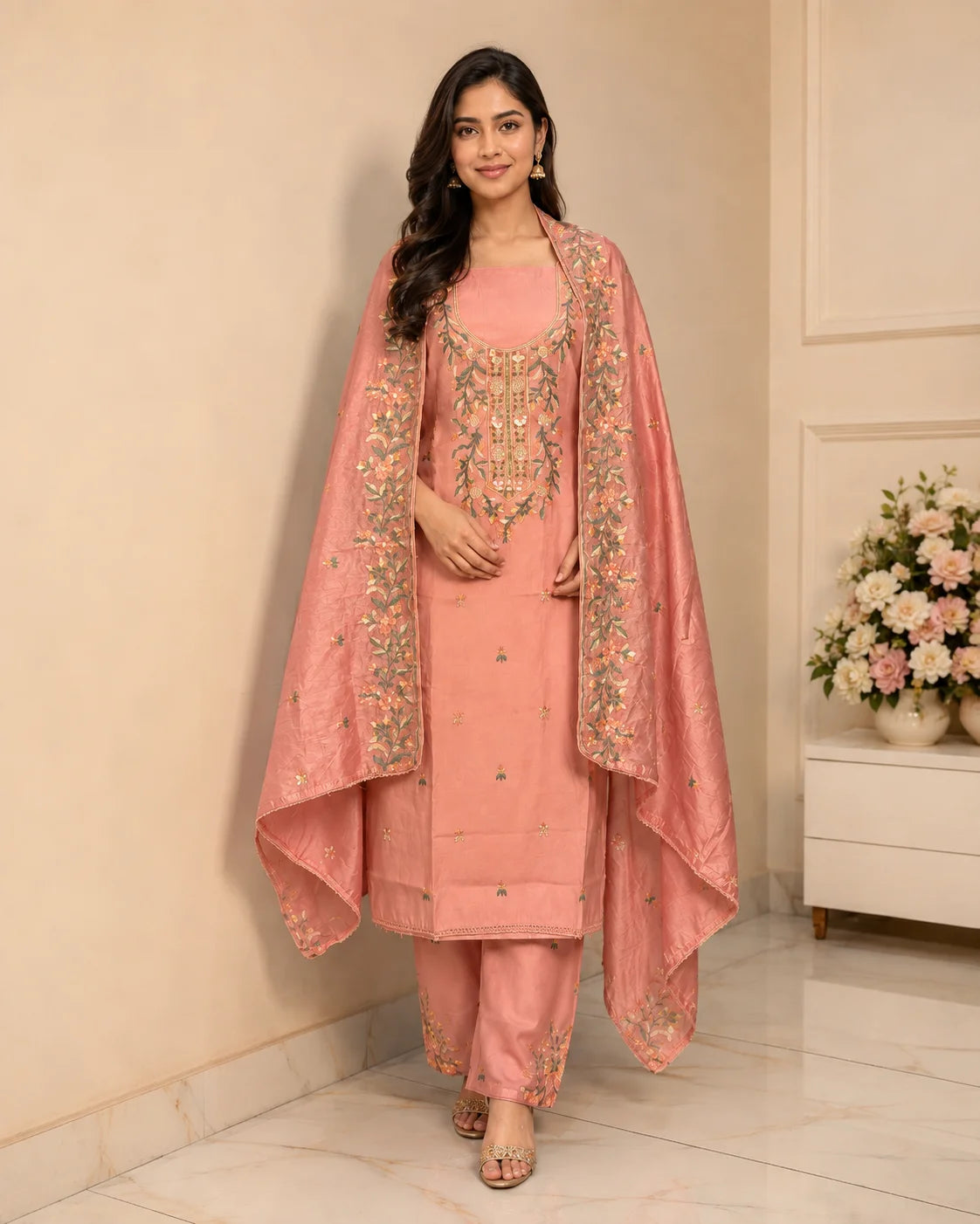 Blush Garden Cotton Suit Set with Matching Cotton Dupatta
