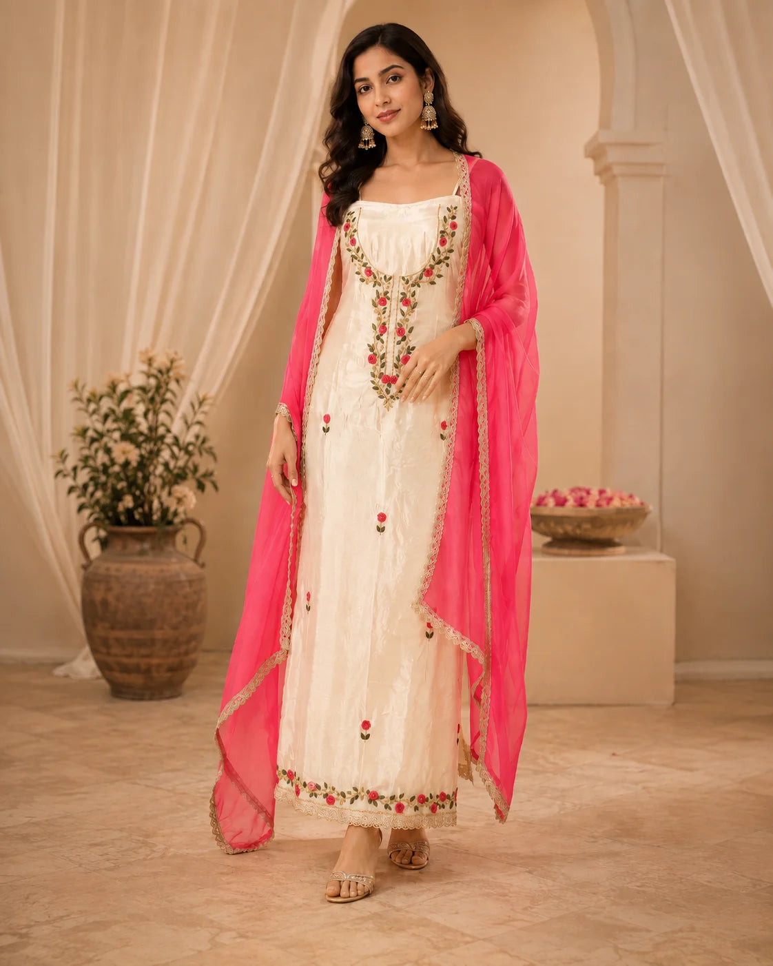 Premium Quality Blush Ivory Premium Silk Suit Set with Half Pure Dupatta