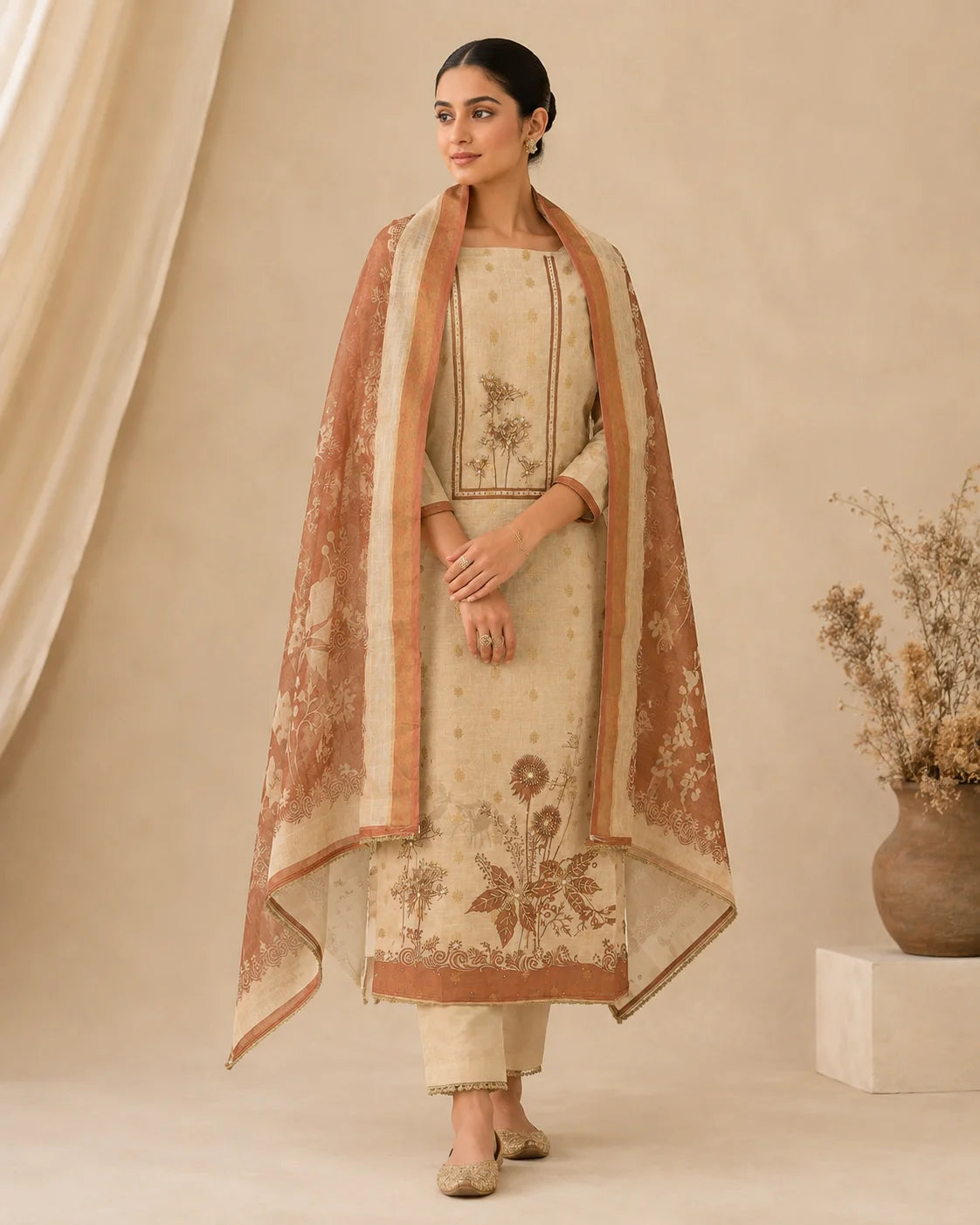 Earthen Grace Beige Silk Tissue Suit Set with Half Pure Dupatta