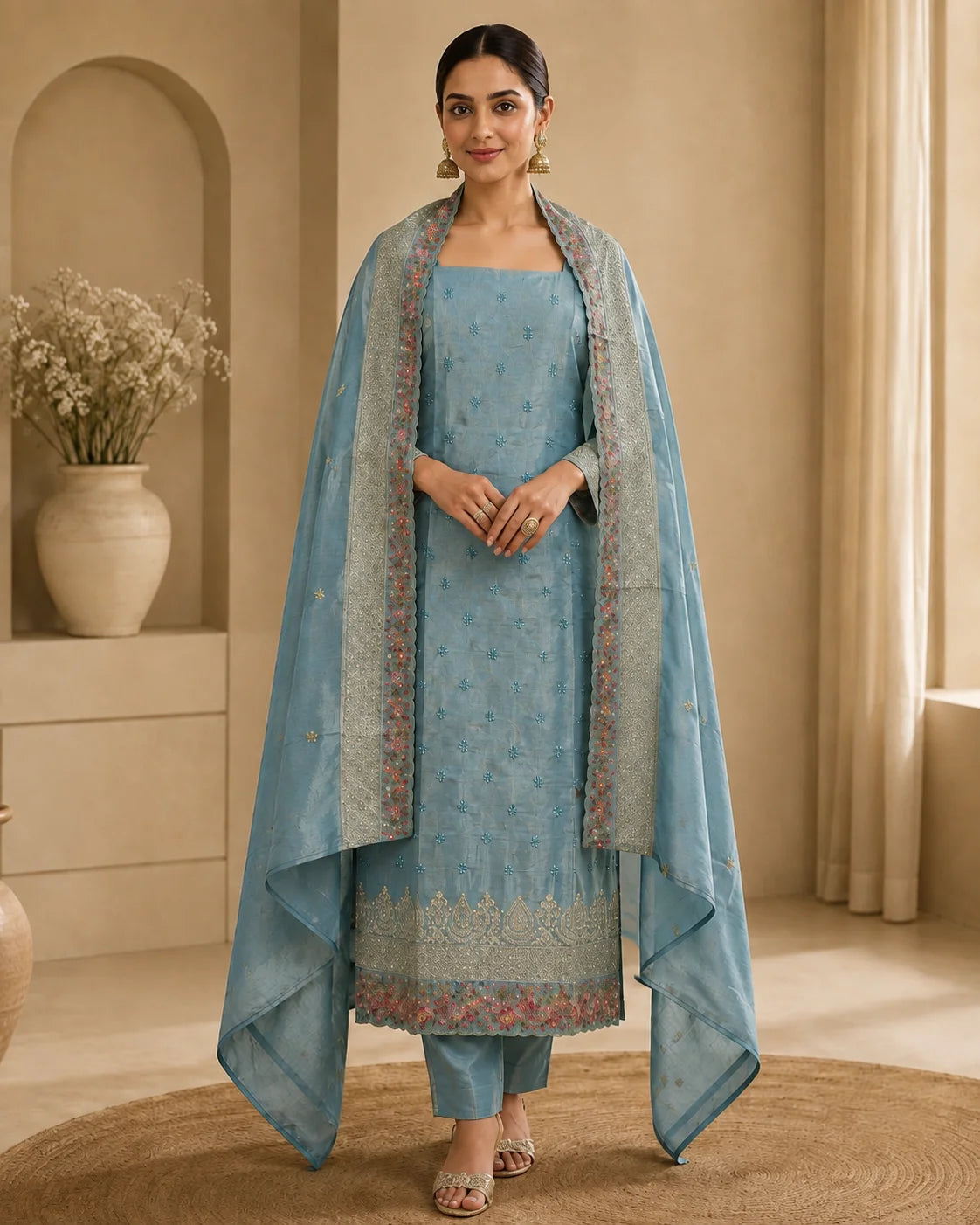Premium Quality Elegant Ice Blue Tissue Silk Suit Set with Designer Dupatta