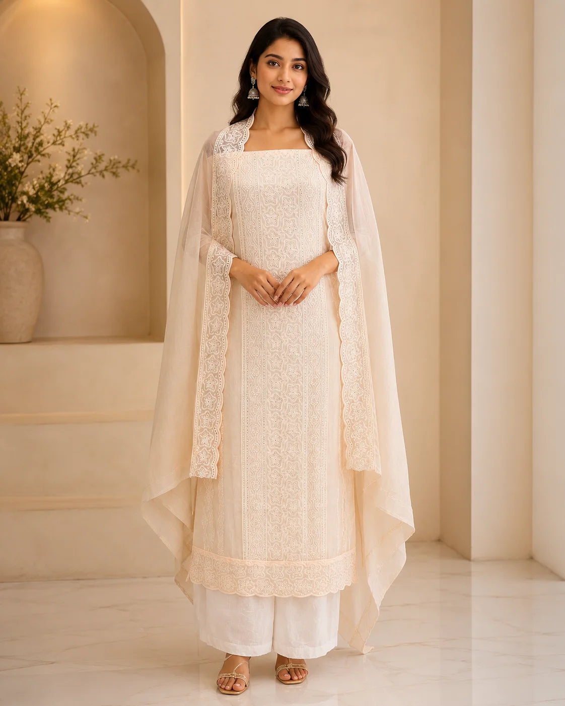 Elegant Ivory Cotton Chicken Suit Set with Cotton Dupatta