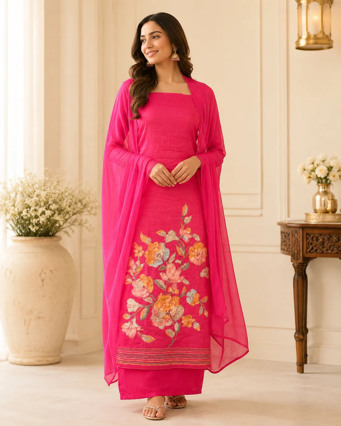Floral Fuchsia Cotton Suit Set with Cotton Dupatta
