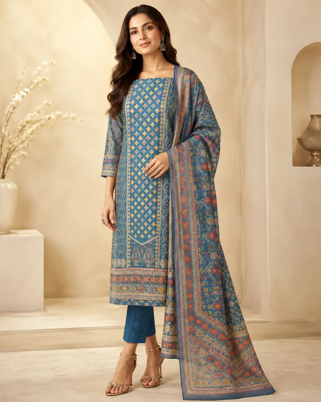 Heritage Blue Cotton Suit Set with Matching Cotton Dupatta