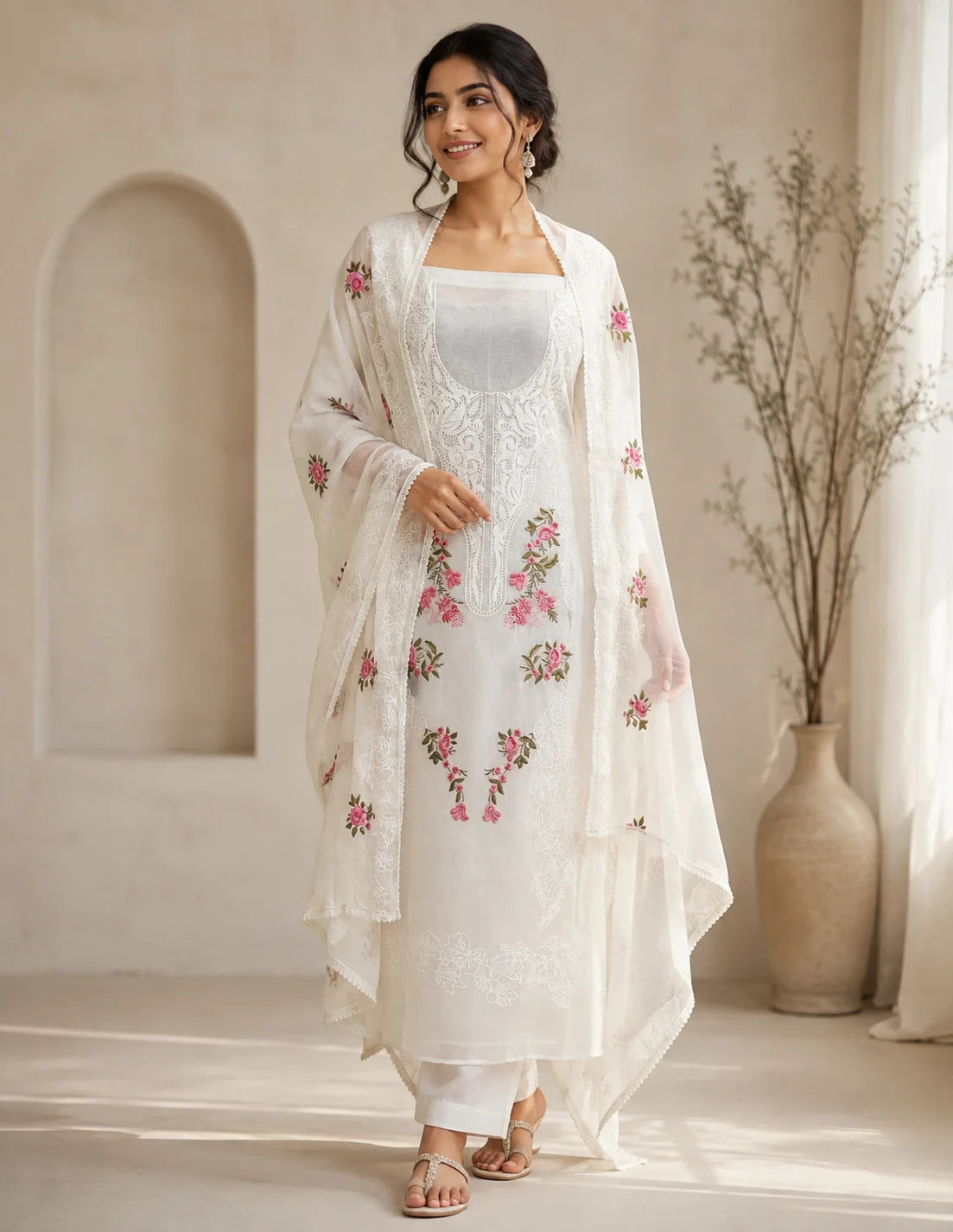 Ivory Bloom Organza Suit Set with Lyon Bottom & Floral Organza Dupatta