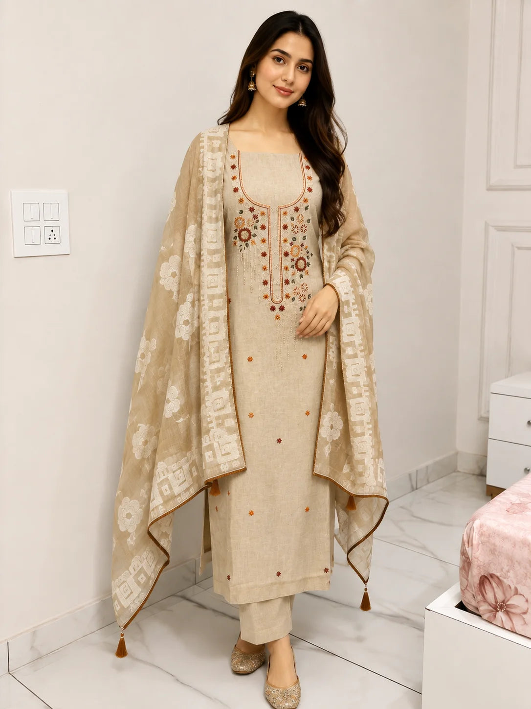 Ivory Grace Chanderi Silk Suit Set with Lyon Bottom & Chanderi Silk Dupatta