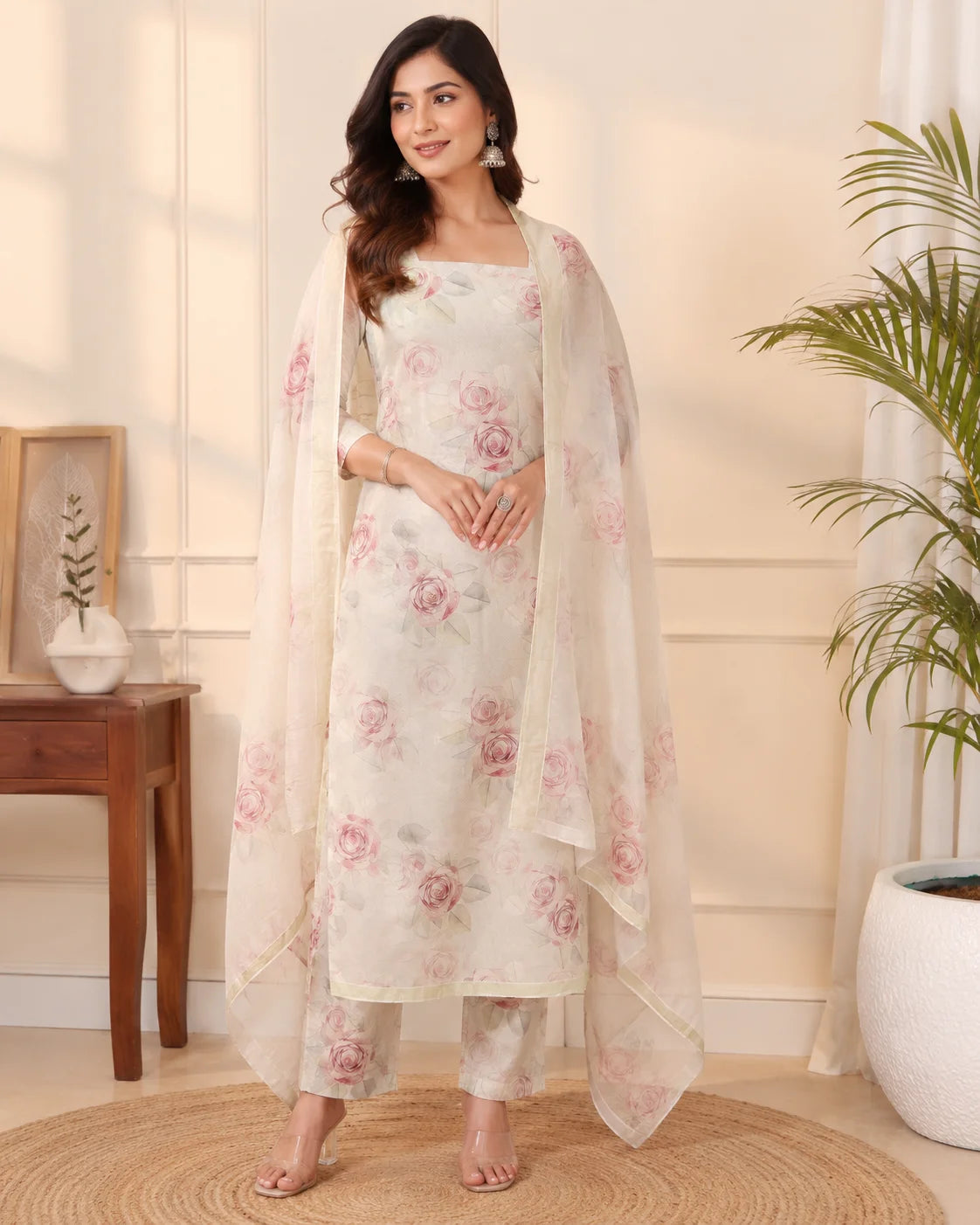 Ivory Rose Cotton Suit Set with Matching Cotton Dupatta