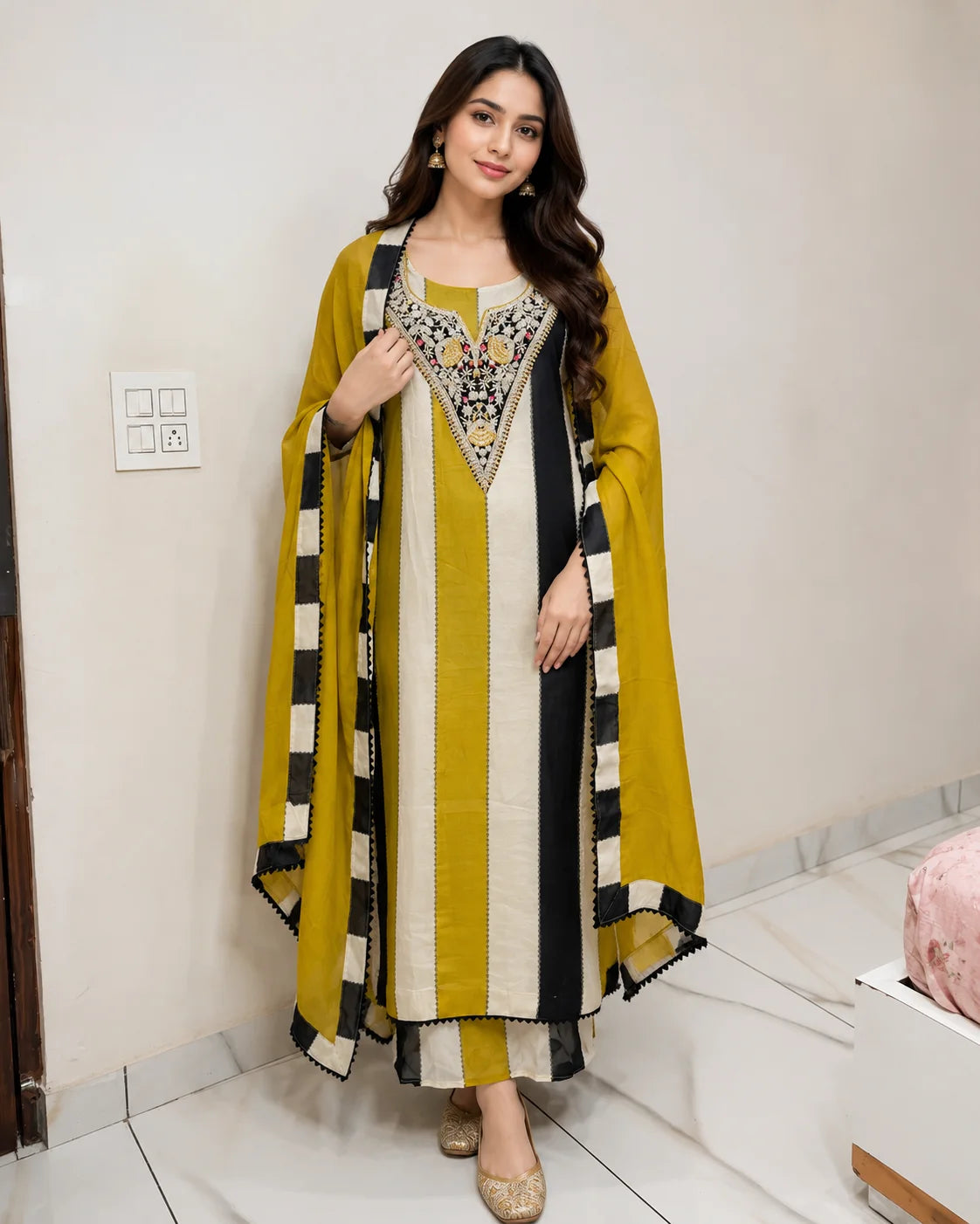 Mustard Elegance Boutique Semi Silk Suit Set