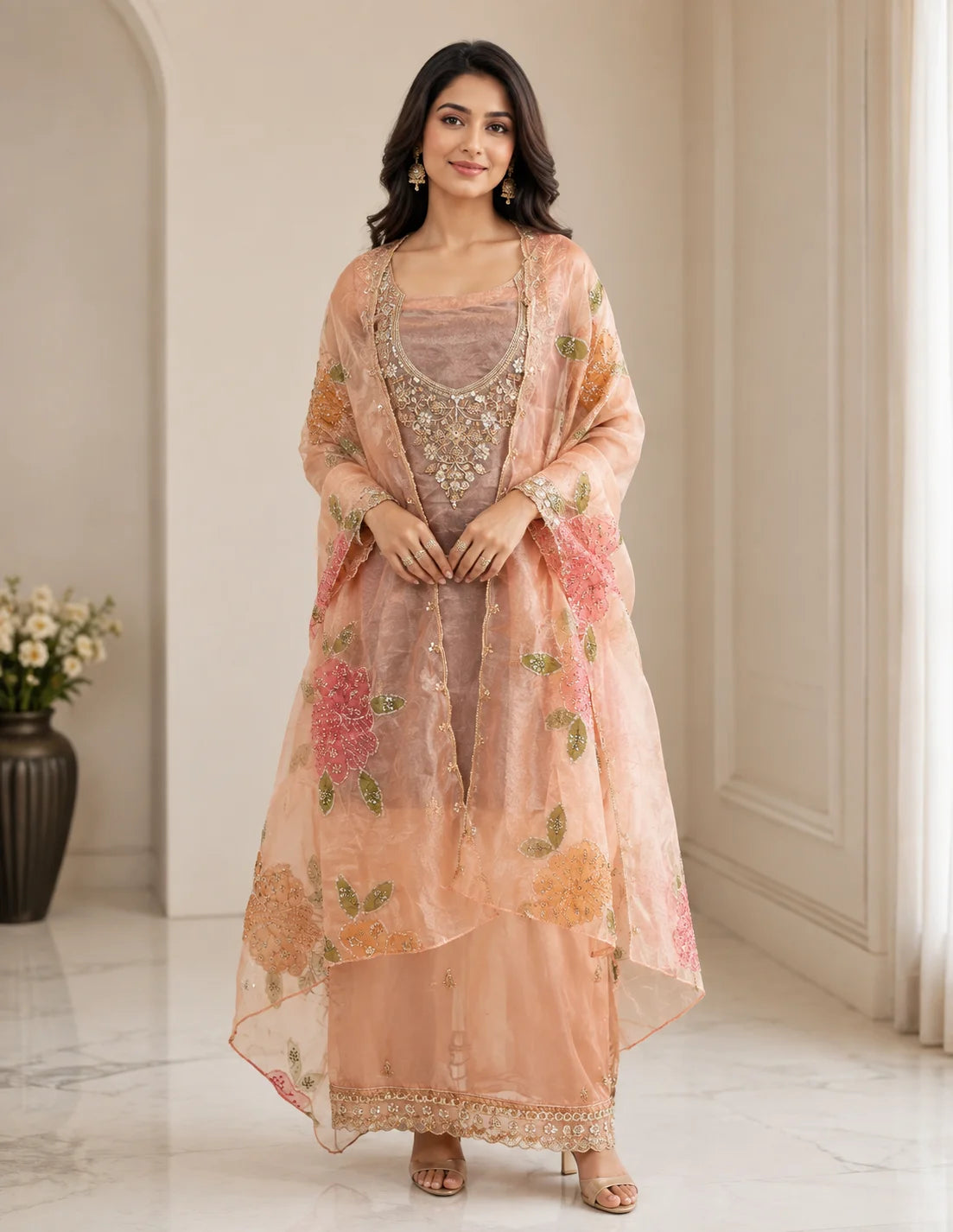 Peach Blossom Tissue Silk Suit Set with Organza Dupatta