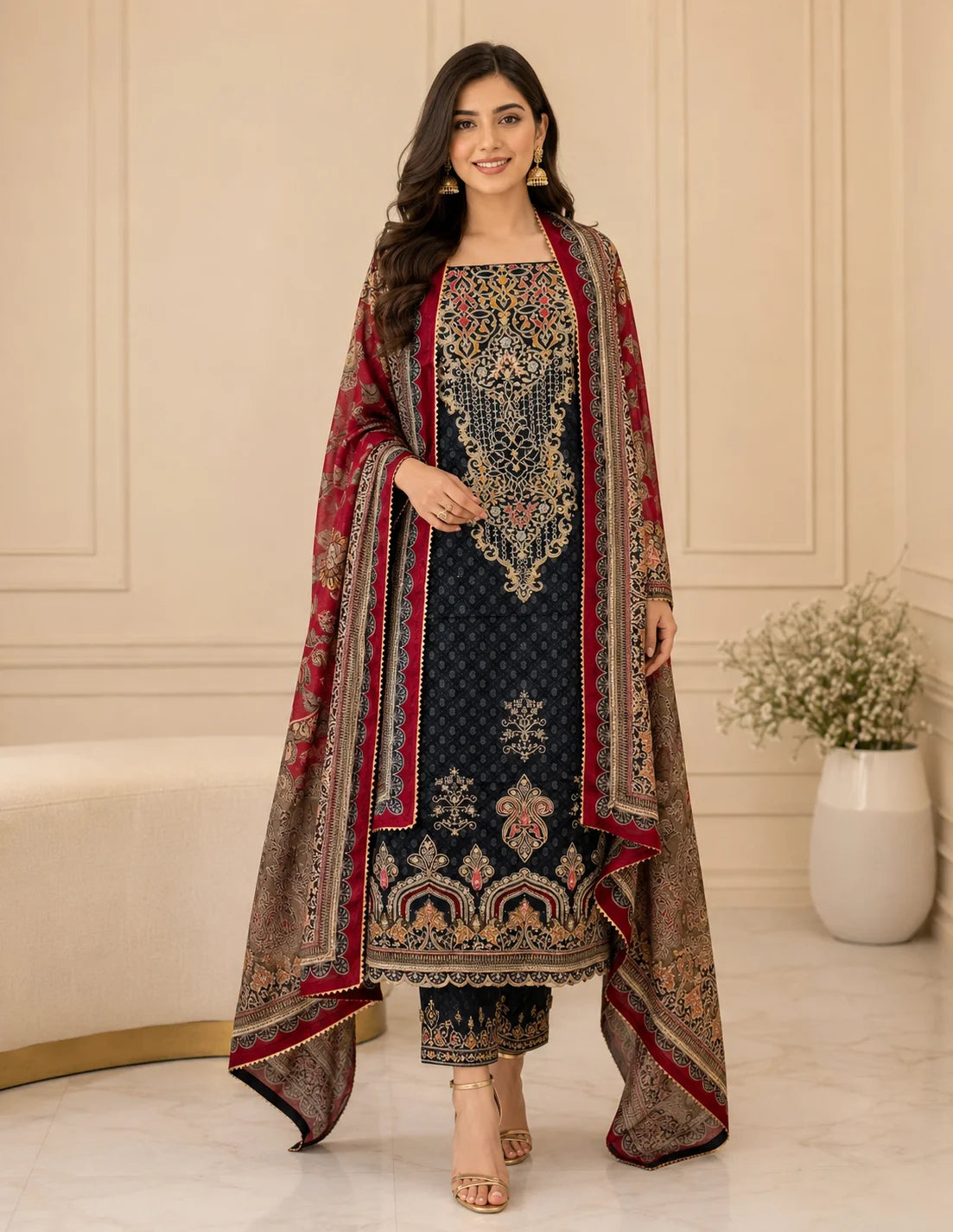 Royal Noir Lyon Silk Suit Set with Matching Lyon Dupatta