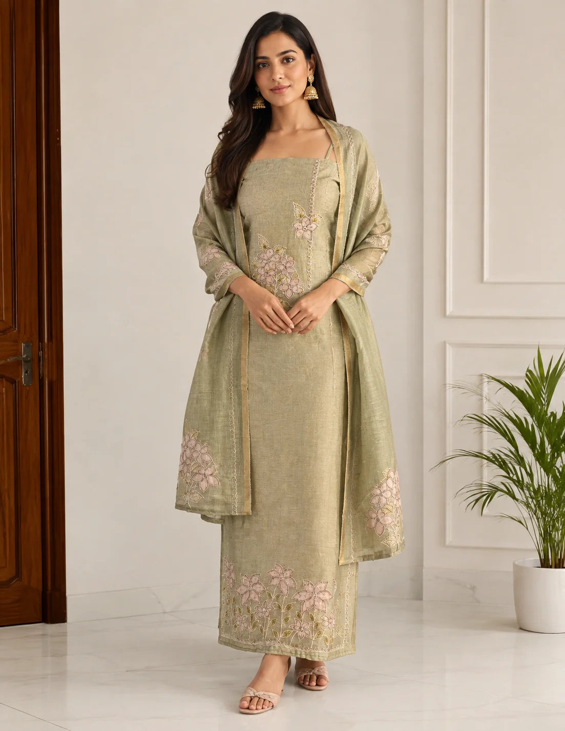 Sage Blossom Khadi Cotton Suit Set with Matching Dupatta