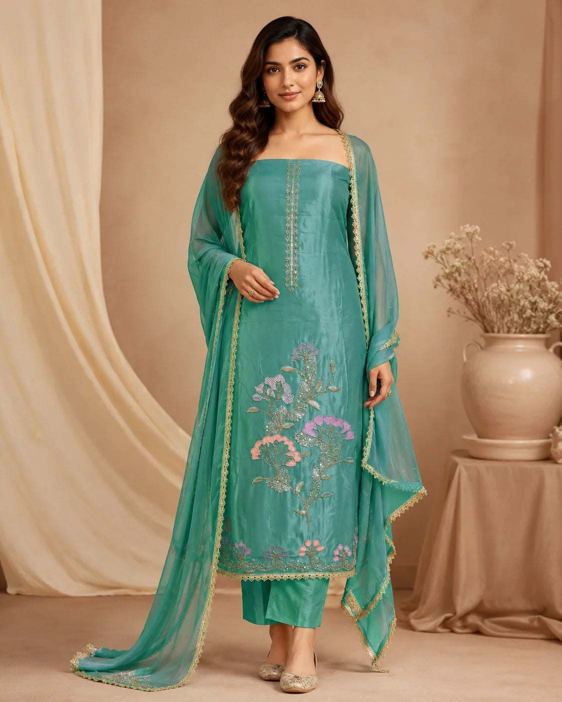 Serene Bloom Teal Silk Suit Set with Half Pure Dupatta