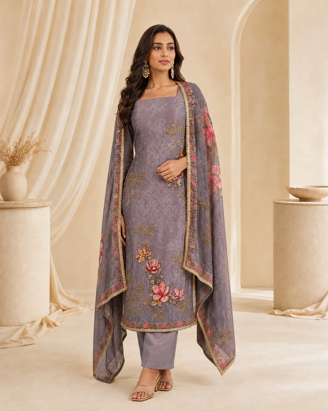 Subtle Elegance Grey Silk Tissue Suit Set with Half Pure Dupatta