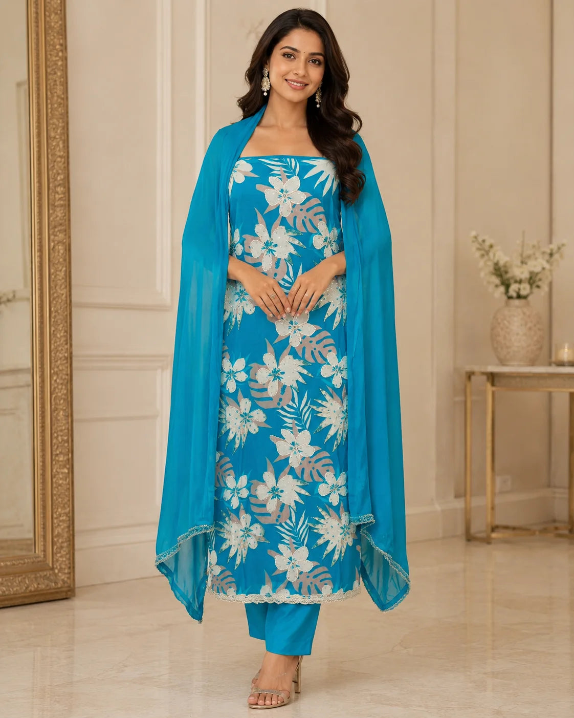 Turquoise Bloom Muslin Silk Suit Set with Pure Cotton Dupatta